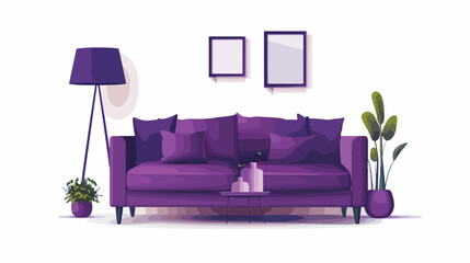 Living room interior with violet velvet sofa vases