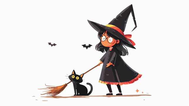 Little witch with broom and black cat for Halloween vector
