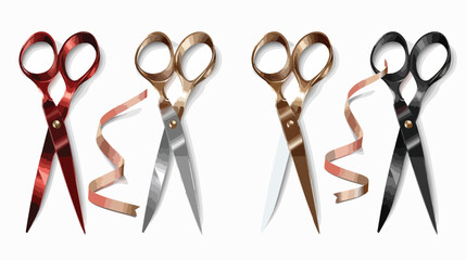 Metal chrome and golden scissors cutting red silk ribbon