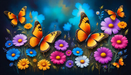 Fototapeta na wymiar Fantasy artwork of a surreal vibrant, kaleidoscopic meadow filled with delicate and colorful butterflies and blooming, jewel-toned flowers