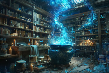mystical library with glowing magical potion brewing in ancient cauldron surrounded by old books and artifacts - obrazy, fototapety, plakaty