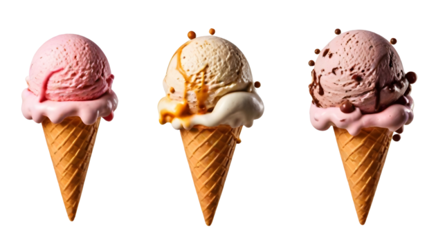 Ice cream scoop on waffle cone on transparent background cutout, PNG file. Many assorted different flavour Mockup template for artwork design.