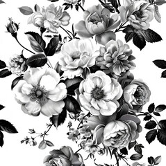 decorative, ornament decorative pattern white black with flowers, delicate roses, full of ice cream and flowers. white background, black elements