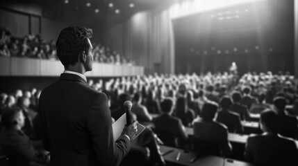 Speaker Addressing a Large Auditorium Audience