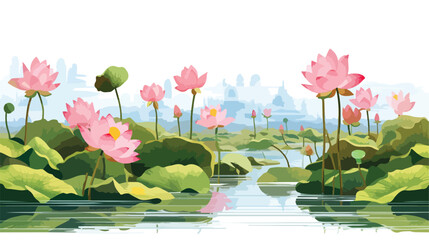 Lotus flowers at Hong Kong Wetland Park flat vector - obrazy, fototapety, plakaty