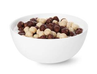 Breakfast cereal. Tasty corn balls with milk in bowl isolated on white