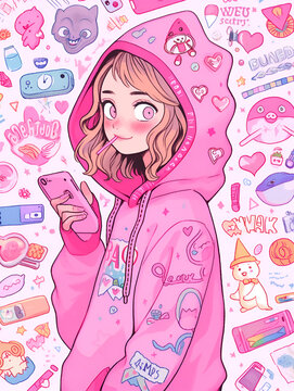 Close up, a cartoon illustration by Rebecca Doodle of a girl in a high pink hoodie in the style of princess, mixed pattern, text and emoji device, charming character illustration, folklore