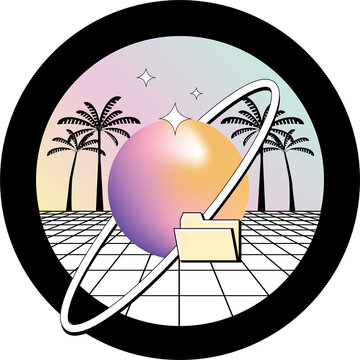 Retrowave Y2K Round Badge with Syntwave Grid, Palm Trees, 90s Computer Folder and Planet