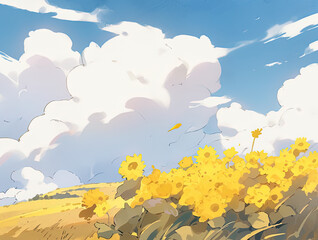 a painting of a field of yellow flowers with a sky background