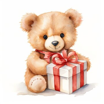 Charming Teddy Bear with Gift Box, Watercolor Technique on White - cute bear drawing, gift box art