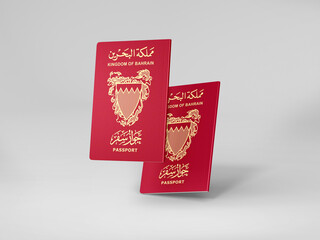 Bahrain passport floats in the air isolated on white, International passport mockup in document for travel