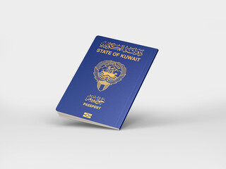 Kuwait passport floats in the air isolated on white, International passport mockup in document for travel