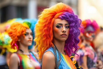 Fototapeta premium Generative AI illustration of side view of young ethnic female with colorful wig and makeups looking at camera while standing on street during LGBT parade in daytime