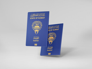 Kuwait passport floats in the air isolated on white, International passport mockup in document for...