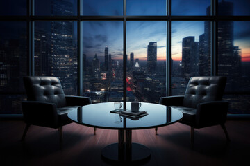 Contemporary office room with view on skyscrapers