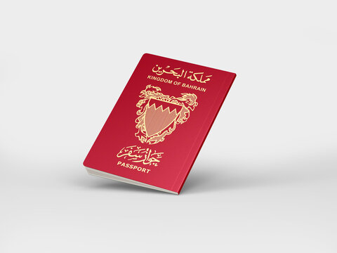 Bahrain passport floats in the air isolated on white, International passport mockup in document for travel