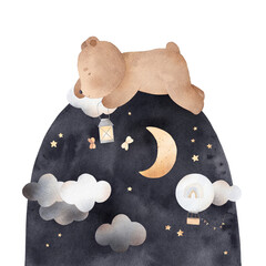 Little bear sleeps on the cloud. Watercolor illustration. Can be used for cards, invitations, baby shower, posters. Vintage.