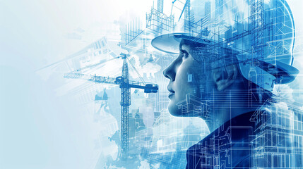 Double Exposure of Female Engineer with Construction Site Blueprint Concept