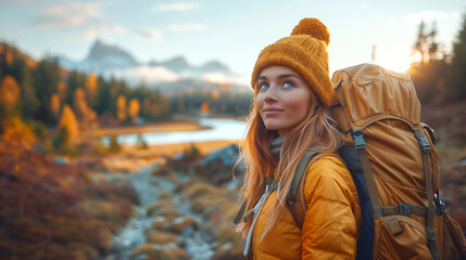 Happy woman with backpack hiking on the river bank in the mountains. Solo travel concept
