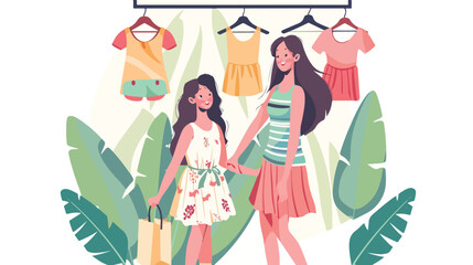 Mother and daughter kid choosing clothes on shop hange