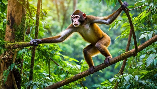 Numa selva densa, um macaco travesso brinca nas copas das &aacute;rvores, pulando de galho em galho com agilidade e gra&ccedil;a. 