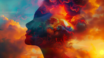 Abstract Artistic Human Silhouette Merging with Dramatic Cloudscape - obrazy, fototapety, plakaty