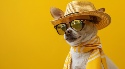 Fashionable Chihuahua Dog in Straw Hat and Sunglasses on Yellow Background