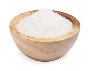 Natural salt in wooden bowl isolated on white