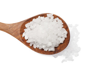 Natural salt in wooden spoon isolated on white, top view