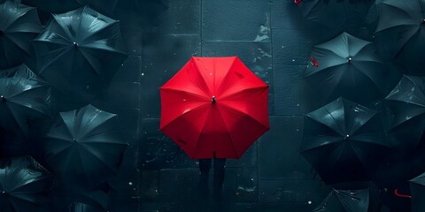 Solitary Red Umbrella in Misty Urban Landscape Stands Out Amidst Surrounding Black Umbrellas Symbolizing Individuality and