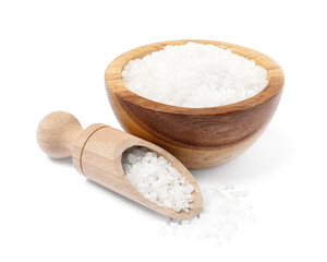 Natural salt in wooden bowl and scoop on white background