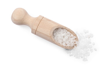 Natural salt in wooden scoop isolated on white, top view