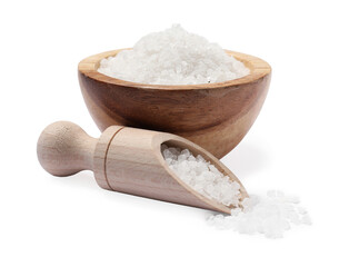 Natural salt in wooden bowl and scoop on white background