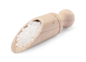 Natural salt in wooden scoop isolated on white