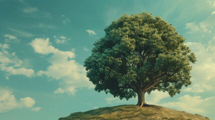 Solitary Tree on a Serene Grassy Knoll Under Blue Sky