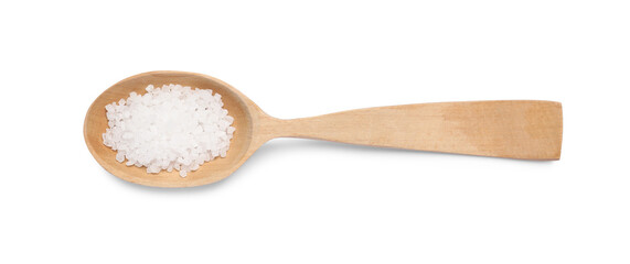 Natural salt in wooden spoon on white background, top view