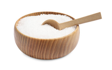 Natural salt in wooden bowl and spoon on white background