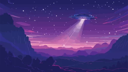 Muurstickers Night alien world landscape and ufo spaceship  © Blue