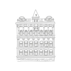 Old Europe building facade with arched windows, architectural sketch vector illustration
