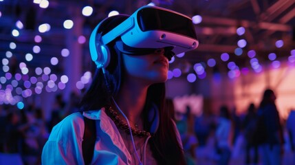Woman Experiencing Virtual Reality at Tech Expo - obrazy, fototapety, plakaty