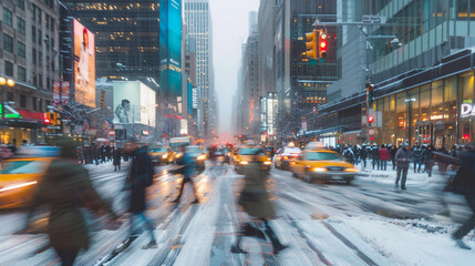 Urban Downtown Winter Timelapse: Snowy City Streets Buzzing with Commuters and Traffic - obrazy, fototapety, plakaty