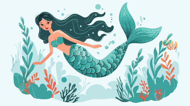 Mermaid is swimming. She is hostess underwater ocean white