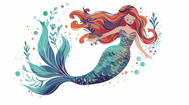 Mermaid is swimming. She is hostess underwater ocean white