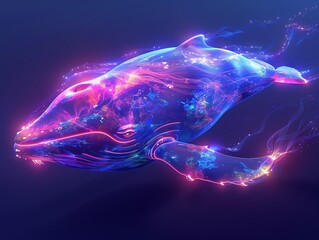 Glowing neon whale, phantasmal iridescent effects, vividly illuminated with neon light, psychic waves creating a dreamy and serene oceanic presence