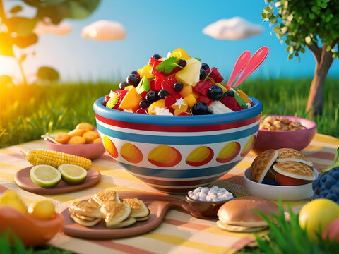 A bowl in summer season with saky and snacks, 3d render