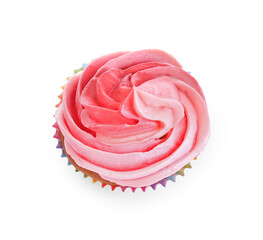 Delicious cupcake with pink cream isolated on white, top view