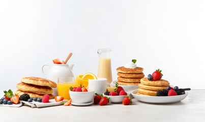 Healthy breakfast concept with fresh pancakes, berries, fruit on white backgroudt. Free space for...