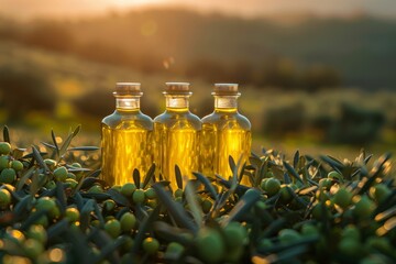 Golden olive oil bottles in rural field with olives, leaves, and fruit under morning sunlight