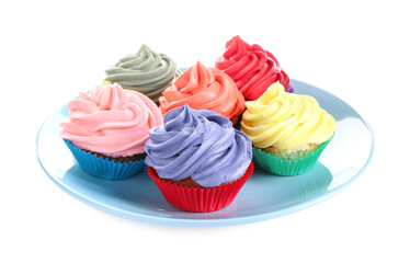 Different tasty cupcakes with cream isolated on white