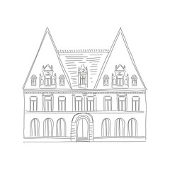 Ancient house with attic on European street, architectural sketch vector illustration